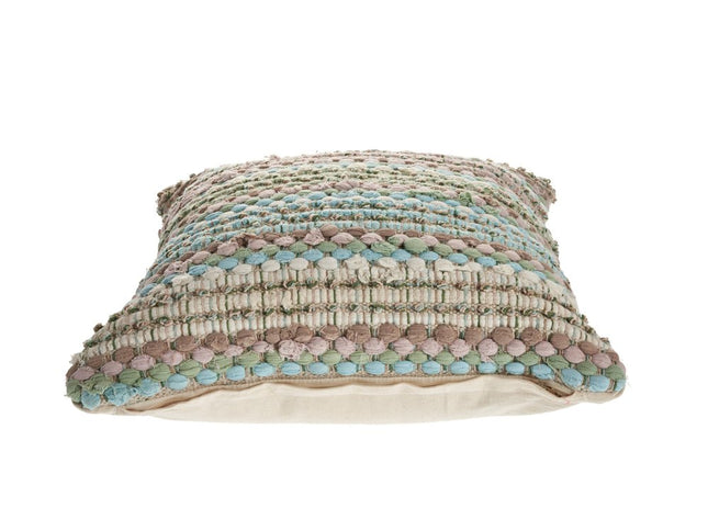 Set of Two 18" Beige Blue and Green Striped Cotton Blend Throw Pillows