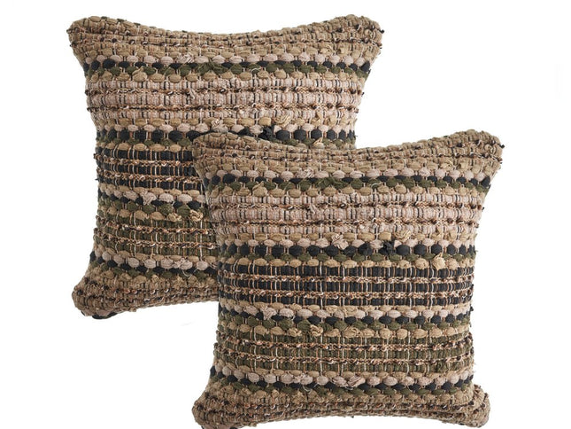 Set of Two 18" Brown and Dark Green Striped Cotton Blend Throw Pillows with Texture