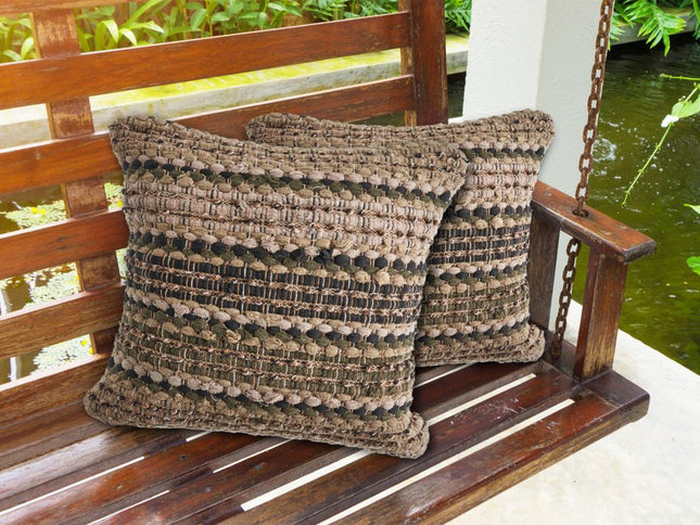 Set of Two 18" Beige Blue and Green Striped Cotton Blend Throw Pillows