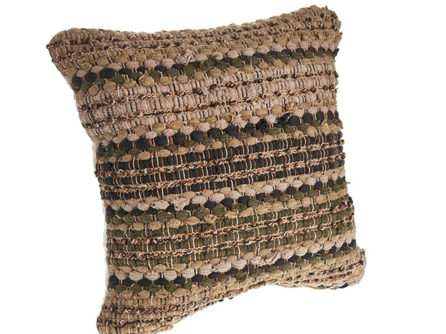 Set of Two 18" Beige Blue and Green Striped Cotton Blend Throw Pillows