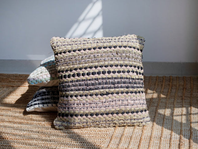 Set of Two 18" Beige Blue and Green Striped Cotton Blend Throw Pillows