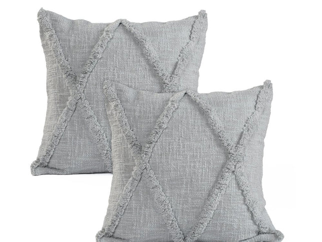 Set of Two Dark Gray Diamond Cotton Throw Pillow With Fringe