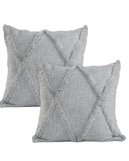 Set of Two Dark Gray Diamond Cotton Throw Pillow With Fringe