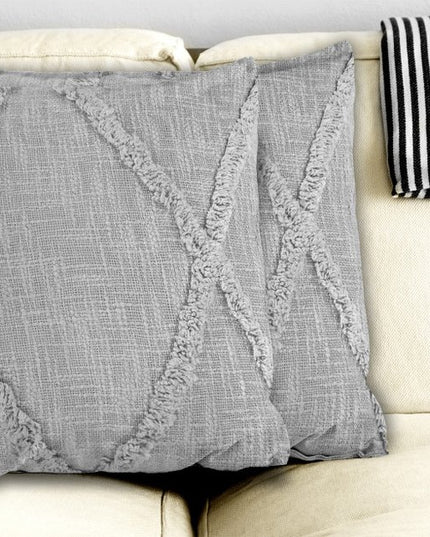 Set of Two Dark Gray Diamond Cotton Throw Pillow With Fringe
