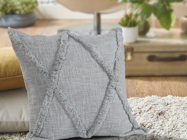 Set of Two Dark Gray Diamond Cotton Throw Pillow With Fringe