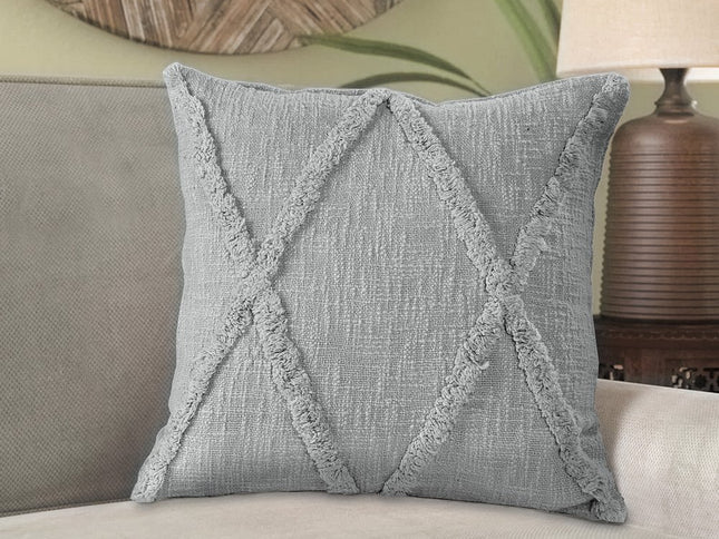 Set of Two Dark Gray Diamond Cotton Throw Pillow With Fringe
