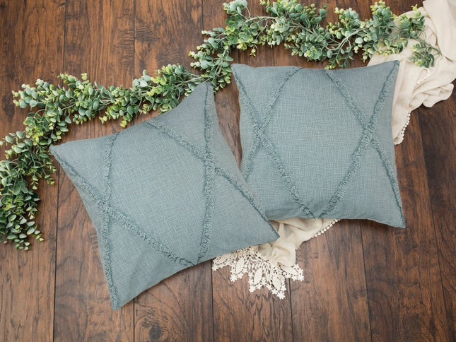 Set of Two Dark Gray Diamond Cotton Throw Pillow With Fringe