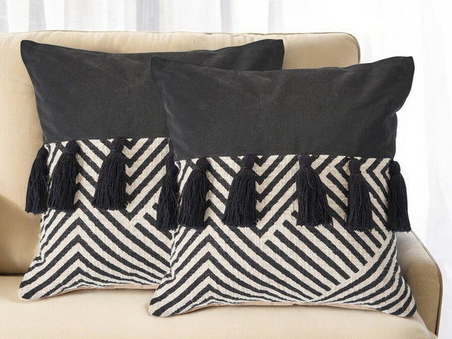 Set of Two Black and White Chevron Cotton Throw Pillow With Tassels