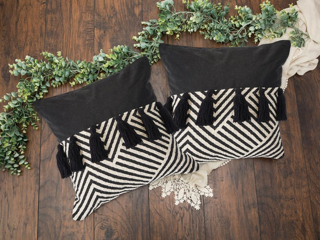 Set of Two Black and White Chevron Cotton Throw Pillow With Tassels