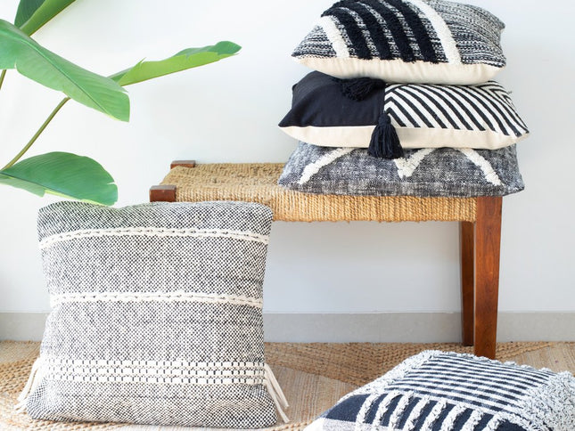 Set of Two Black and White Chevron Cotton Throw Pillow With Tassels