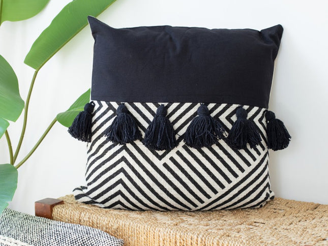 Set of Two Black and White Chevron Cotton Throw Pillow With Tassels