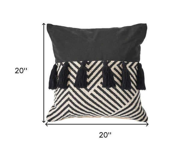 Set of Two Black and White Chevron Cotton Throw Pillow With Tassels