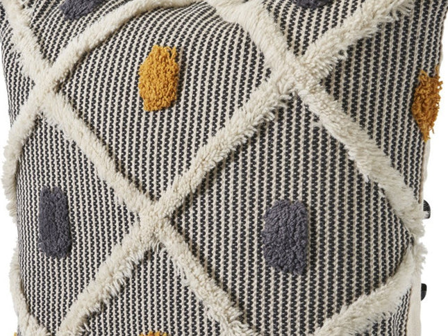 Set of Two Black and Yellow Striped Cotton Throw Pillows With Fringe