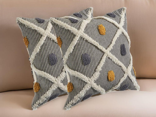 Set of Two Black and Yellow Striped Cotton Throw Pillows With Fringe