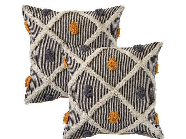 Set of Two Black and Yellow Striped Cotton Throw Pillows With Fringe