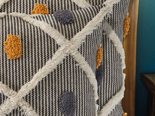 Set of Two Black and Yellow Striped Cotton Throw Pillows With Fringe