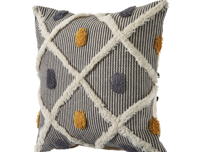 Set of Two Black and Yellow Striped Cotton Throw Pillows With Fringe