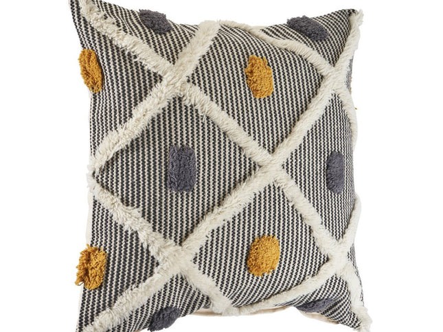 Set of Two Black and Yellow Striped Cotton Throw Pillows With Fringe