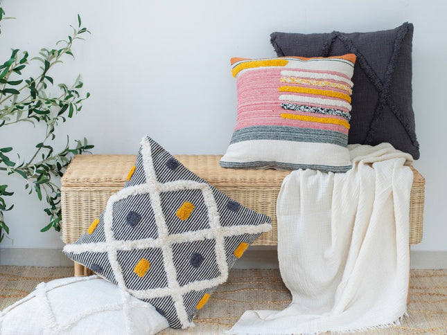 Set of Two Black and Yellow Striped Cotton Throw Pillows With Fringe