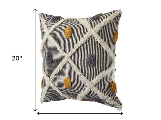 Set of Two Black and Yellow Striped Cotton Throw Pillows With Fringe