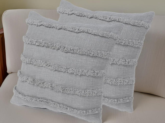 Set of Two Navy Blue Ribbed Cotton Throw Pillow With Fringe