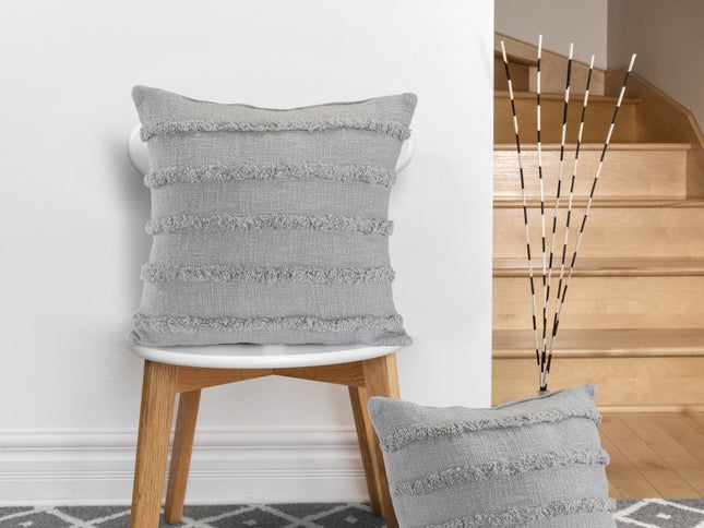 Set of Two Gray Ribbed Cotton Throw Pillow With Fringe