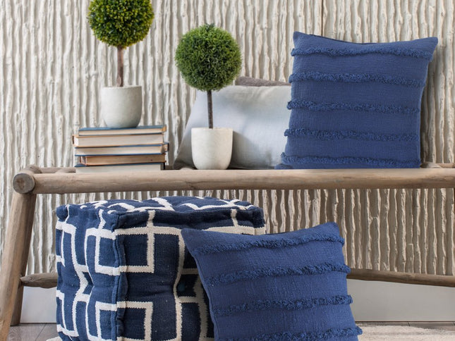 Set of Two Navy Blue Ribbed Cotton Throw Pillow With Fringe