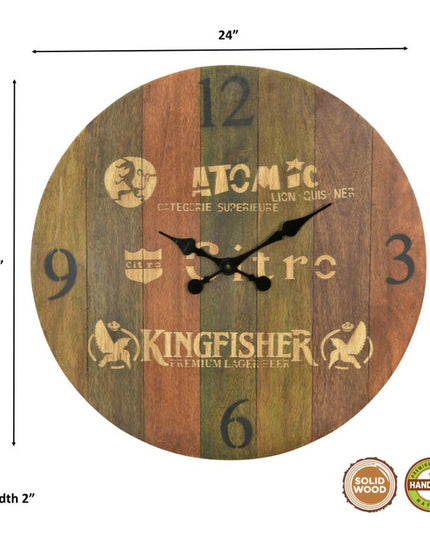 24" Brown Solid Wood Silent Analog Round Wall Clock