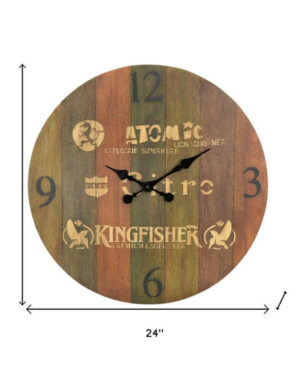 24" Brown Solid Wood Silent Analog Round Wall Clock
