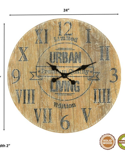 24" Natural Distressed Solid Wood Silent Analog Round Wall Clock