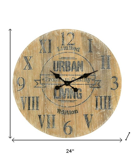 24" Natural Distressed Solid Wood Silent Analog Round Wall Clock
