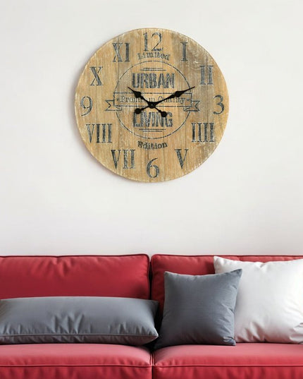 24" Natural Distressed Solid Wood Silent Analog Round Wall Clock