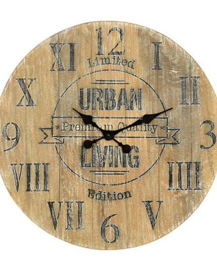 24" Natural Distressed Solid Wood Silent Analog Round Wall Clock