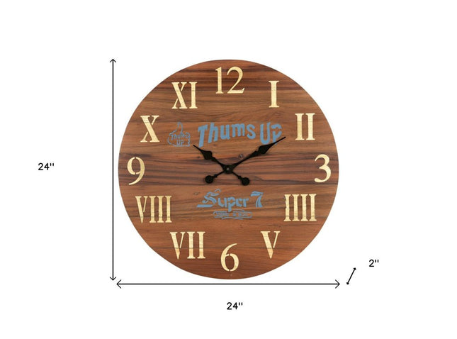 24" Brown Solid Wood Silent Analog Round Wall Clock