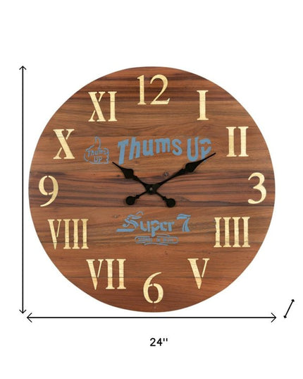 24" Brown Solid Wood Silent Analog Round Wall Clock