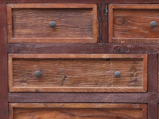 64" Brown Distressed Solid and Reclaimed Wood Seven Drawer Double Dresser