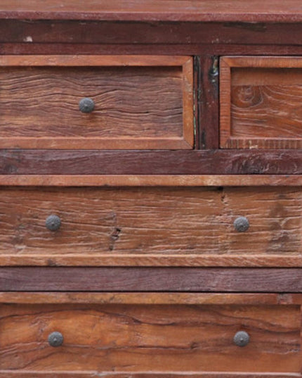 64" Brown Distressed Solid and Reclaimed Wood Seven Drawer Double Dresser