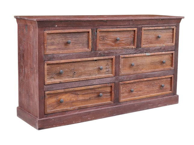 64" Brown Distressed Solid and Reclaimed Wood Seven Drawer Double Dresser