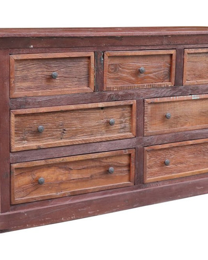 64" Brown Distressed Solid and Reclaimed Wood Seven Drawer Double Dresser