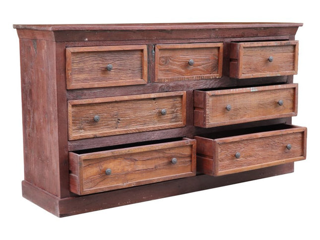 64" Brown Distressed Solid and Reclaimed Wood Seven Drawer Double Dresser