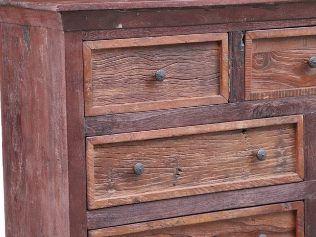 64" Brown Distressed Solid and Reclaimed Wood Seven Drawer Double Dresser