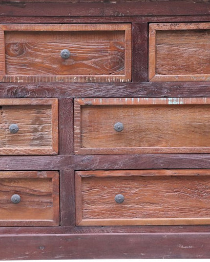 64" Brown Distressed Solid and Reclaimed Wood Seven Drawer Double Dresser