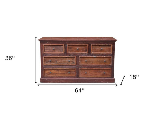 64" Brown Distressed Solid and Reclaimed Wood Seven Drawer Double Dresser