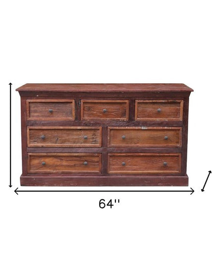 64" Brown Distressed Solid and Reclaimed Wood Seven Drawer Double Dresser