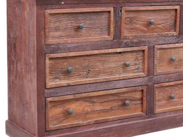 64" Brown Distressed Solid and Reclaimed Wood Seven Drawer Double Dresser