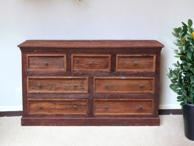 64" Brown Distressed Solid and Reclaimed Wood Seven Drawer Double Dresser