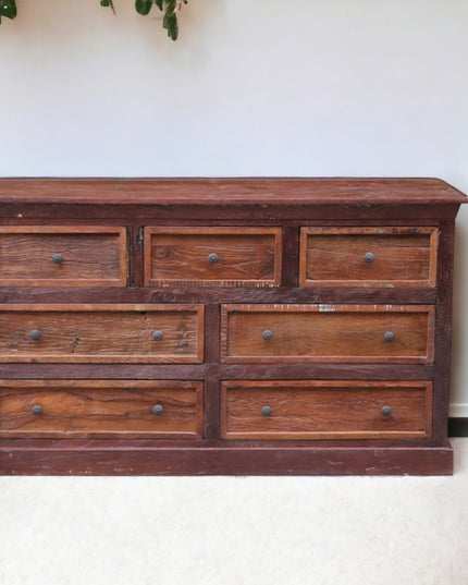 64" Brown Distressed Solid and Reclaimed Wood Seven Drawer Double Dresser