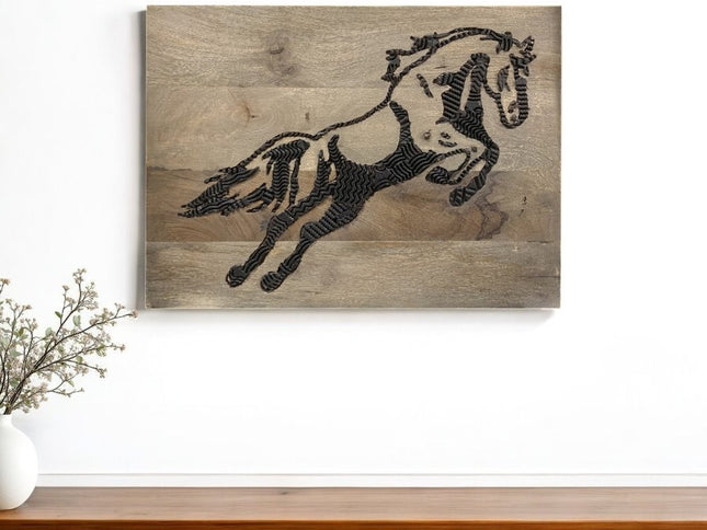 19" X 24" Black And Brown Horse Solid Wood Hanging Dimensional Sculpture
