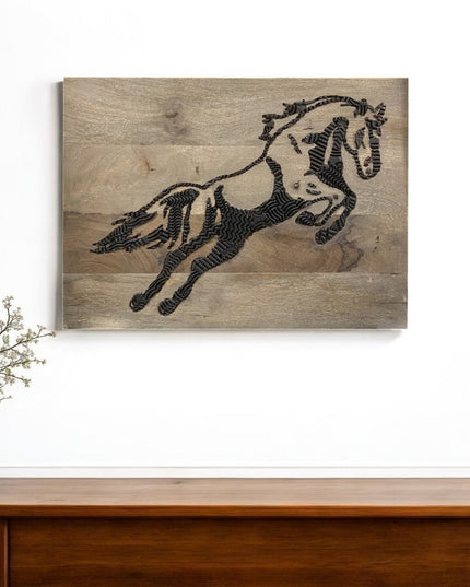 19" X 24" Black And Brown Horse Solid Wood Hanging Dimensional Sculpture