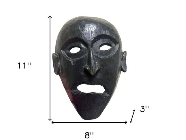 11" Black Solid Wood Decorative Mask Tabletop Sculpture